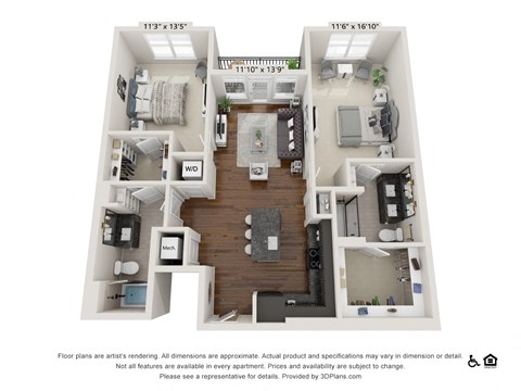 Floor plan for 2 beds, 2 baths, 1114 sqft