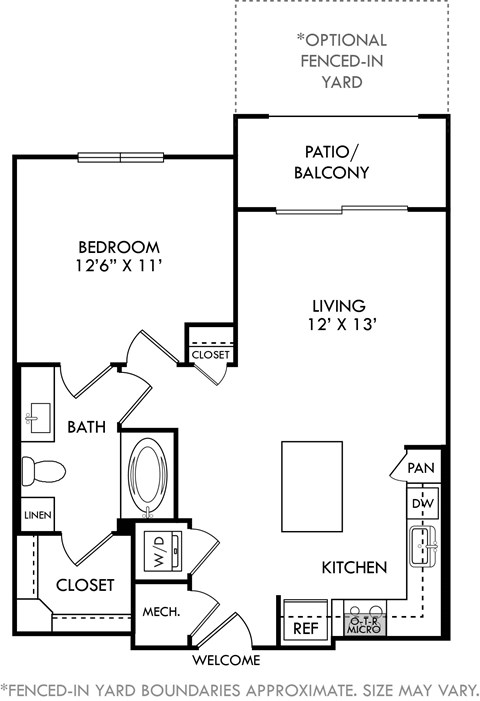 Floor plan for 1 bed, 1 bath, 723 sqft