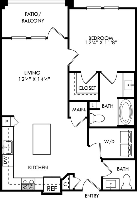 Floor plan for 1 bed, 1.5 baths, 827 sqft