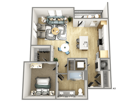 Floor plan for 1 bed, 1 bath, 801 sqft