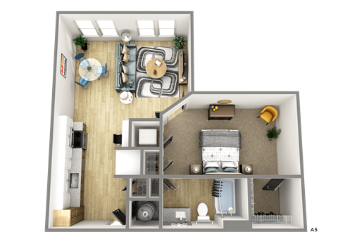 Floor plan for 1 bed, 1 bath, 750 sqft