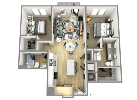 Floor plan for 2 beds, 2 baths, 1038 sqft