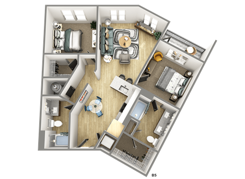 Floor plan for 2 beds, 2 baths, 1000 sqft