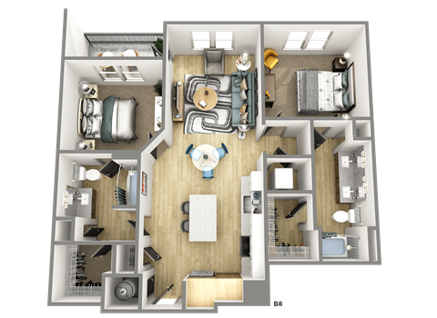 Floor plan for 2 beds, 2 baths, 1075 sqft