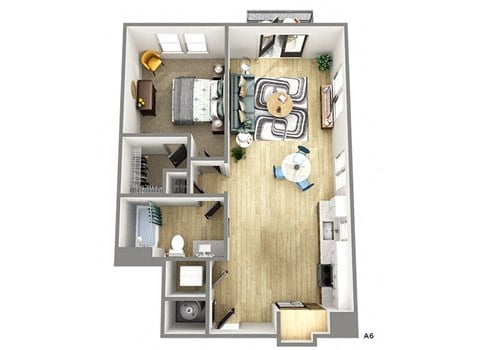 Floor plan for 1 bed, 1 bath, 750 sqft