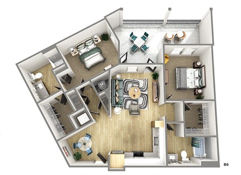 Floor plan for 2 beds, 2 baths, 1067 sqft
