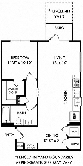 Floor plan for 1 bed, 1 bath, 750 sqft