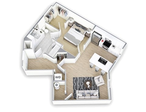 Floor plan for 1 bed, 1 bath, 665 sqft