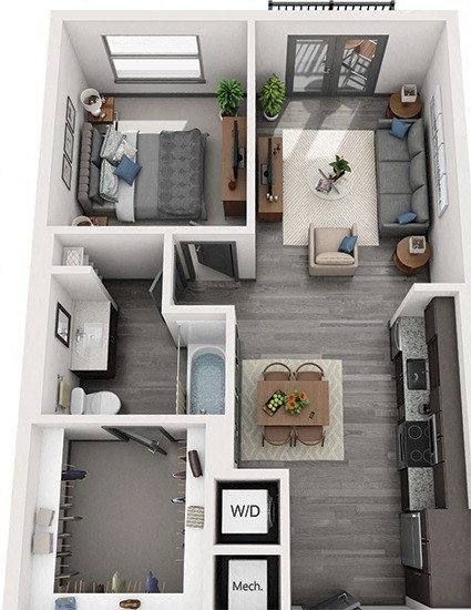 Floor plan for 1 bed, 1 bath, 700 sqft