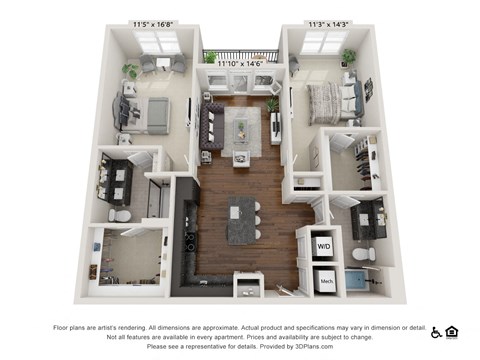 Floor plan for 2 beds, 2 baths, 1188 sqft