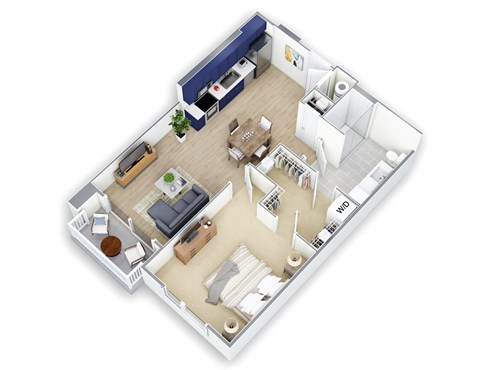 Floor plan for 1 bed, 1 bath, 799 sqft