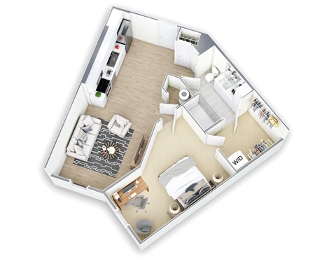 Floor plan for 1 bed, 1 bath, 729 sqft