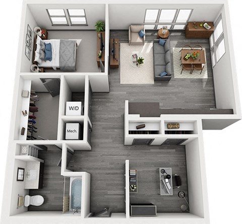 Floor plan for 1 bed, 1 bath, 834 sqft