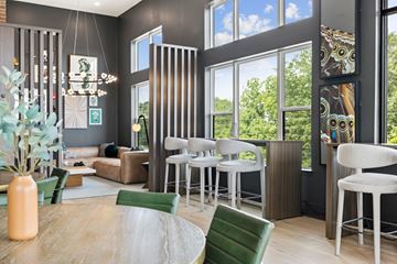 Duluth apartment for rent - A modern living room with a wooden table and green chairs.