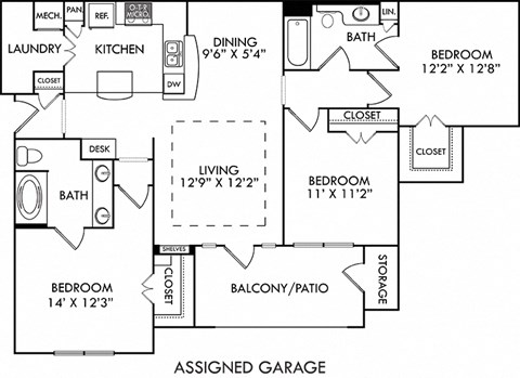 Floor plan for 3 beds, 2 baths, 1297 sqft