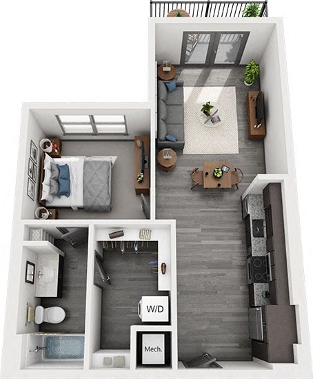 Floor plan for 1 bed, 1 bath, 650 sqft