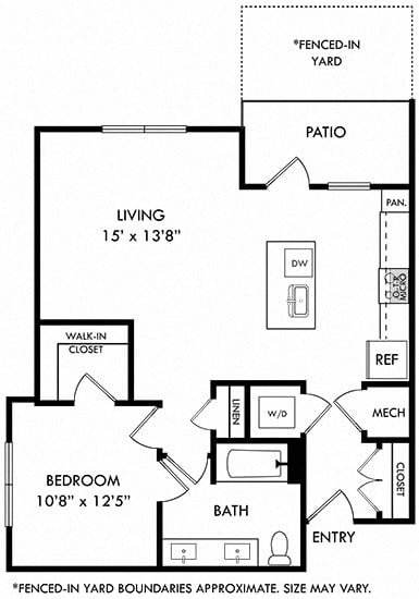 Floor plan for 1 bed, 1 bath, 801 sqft