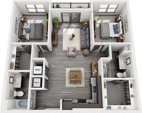 Floor plan for 2 beds, 2 baths, 1152 sqft