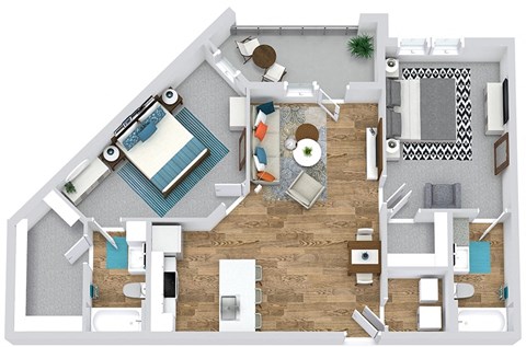 Floor plan for 2 beds, 2 baths, 1022 sqft