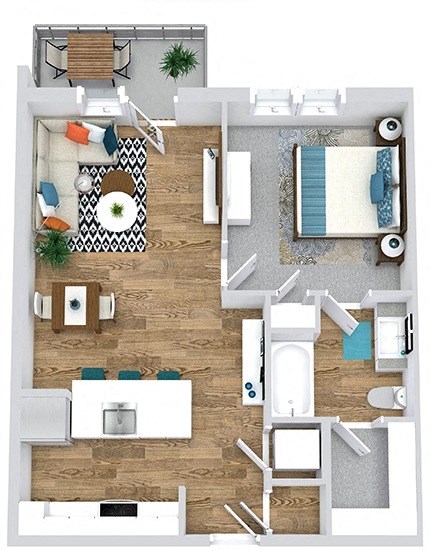 Floor plan for 1 bed, 1 bath, 657 sqft