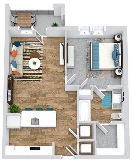 Floor plan for 1 bed, 1 bath, 675 sqft