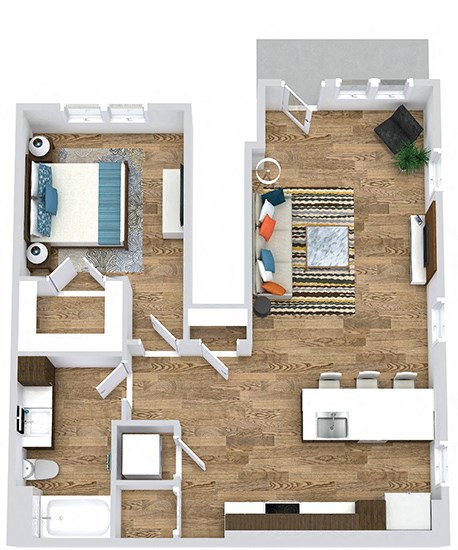 Floor plan for 1 bed, 1 bath, 749 sqft