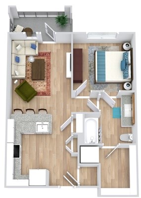 Floor plan for 1 bed, 1 bath, 661 sqft