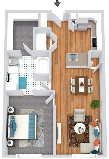 Floor plan for 1 bed, 1 bath, 731 sqft
