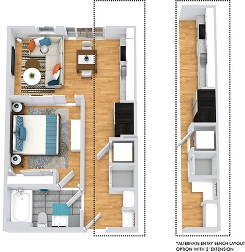 Floor plan for studio, 1 bath, 611 sqft