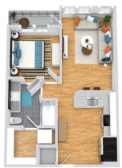 Floor plan for 1 bed, 1 bath, 667 sqft