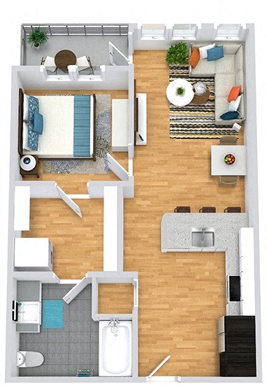 Floor plan for 1 bed, 1 bath, 669 sqft