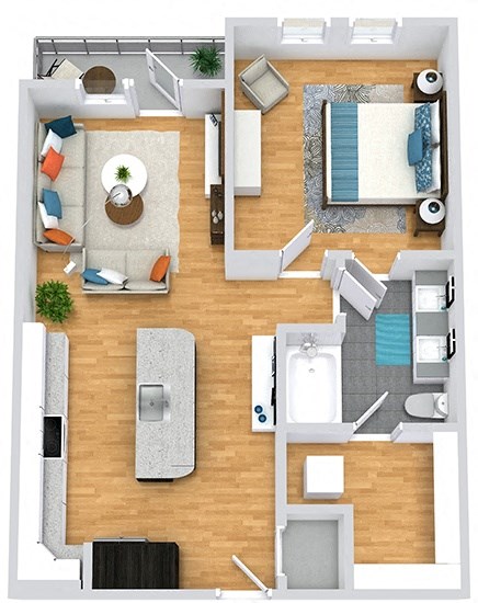 Floor plan for 1 bed, 1 bath, 743 sqft