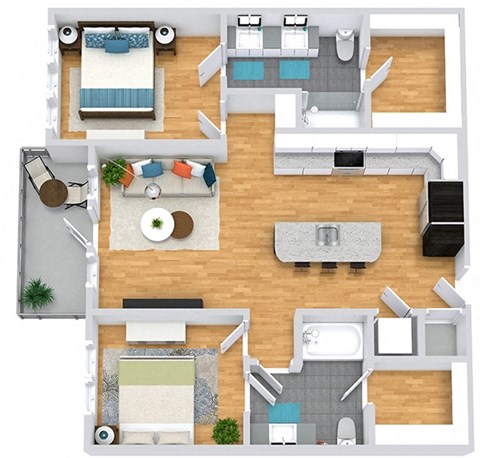 Floor plan for 2 beds, 2 baths, 1023 sqft