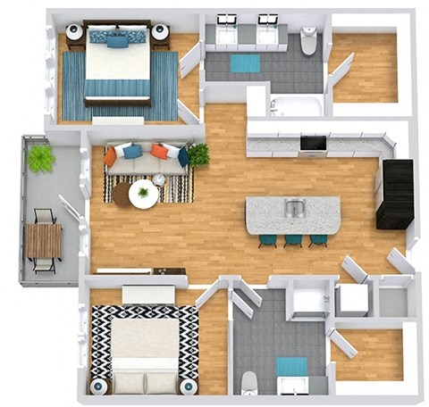 Floor plan for 2 beds, 2 baths, 1023 sqft