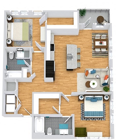 Floor plan for 2 beds, 2 baths, 1176 sqft