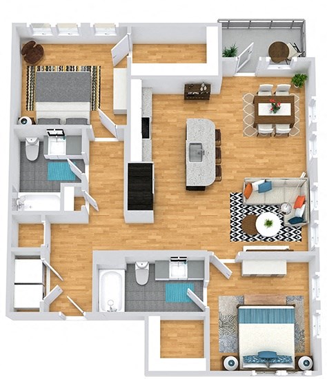 Floor plan for 2 beds, 2 baths, 1136 sqft