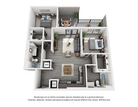 Floor plan for 2 beds, 2 baths, 1043 sqft
