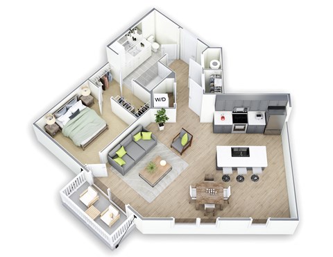 Floor plan for 1 bed, 1 bath, 886 sqft