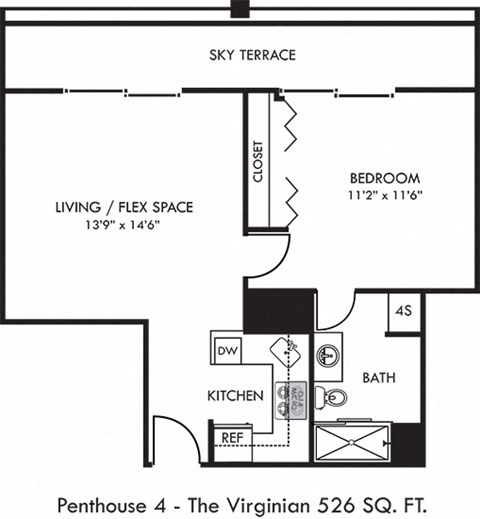 Floor plan for 1 bed, 1 bath, 526 sqft