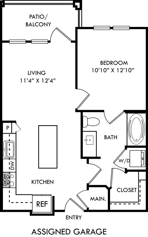 Floor plan for 1 bed, 1 bath, 664 sqft