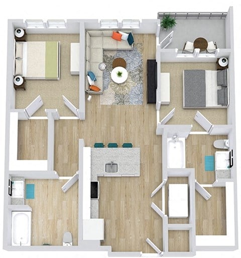 Floor plan for 2 beds, 2 baths, 1000 sqft