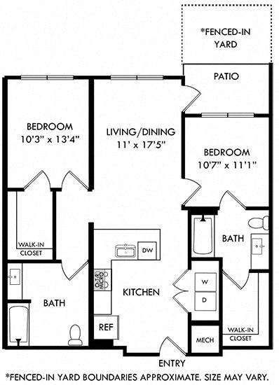 Floor plan for 2 beds, 2 baths, 1000 sqft