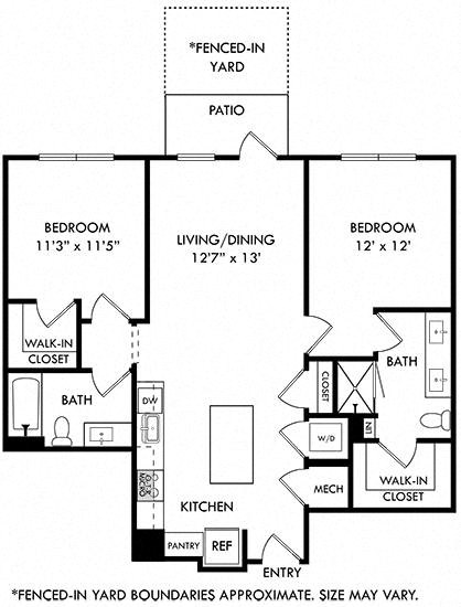 Floor plan for 2 beds, 2 baths, 1034 sqft