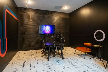 Tech booths and professional podcasting studio