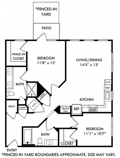 Floor plan for 2 beds, 2 baths, 1056 sqft