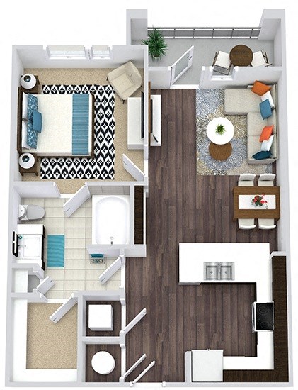 Floor plan for 1 bed, 1 bath, 688 sqft