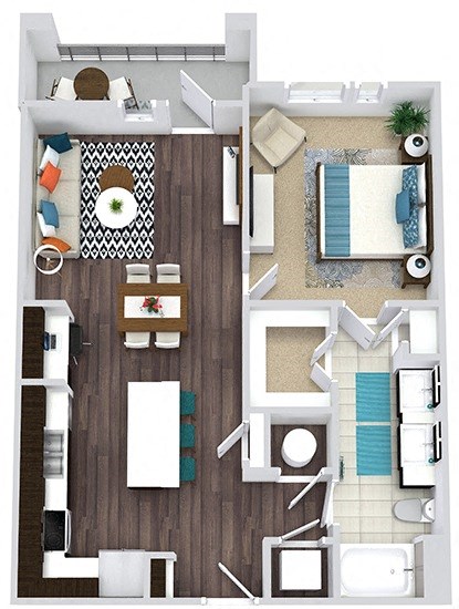 Floor plan for 1 bed, 1 bath, 766 sqft