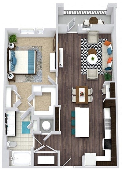 Floor plan for 1 bed, 1 bath, 851 sqft