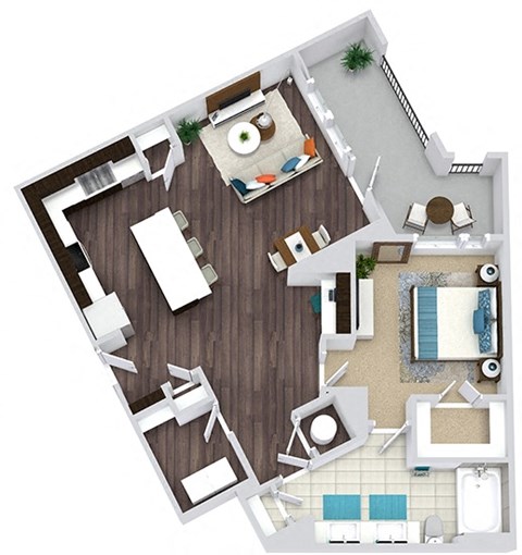 Floor plan for 1 bed, 1 bath, 965 sqft
