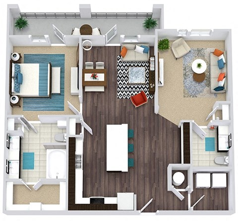 Floor plan for 1 bed, 1.5 baths, 1091 sqft